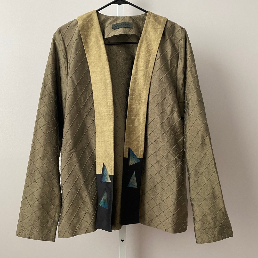 Joyce Fogle Silk Quirky Lagenlook Art To Wear Geo Quilted Kimono Jacket S Brown